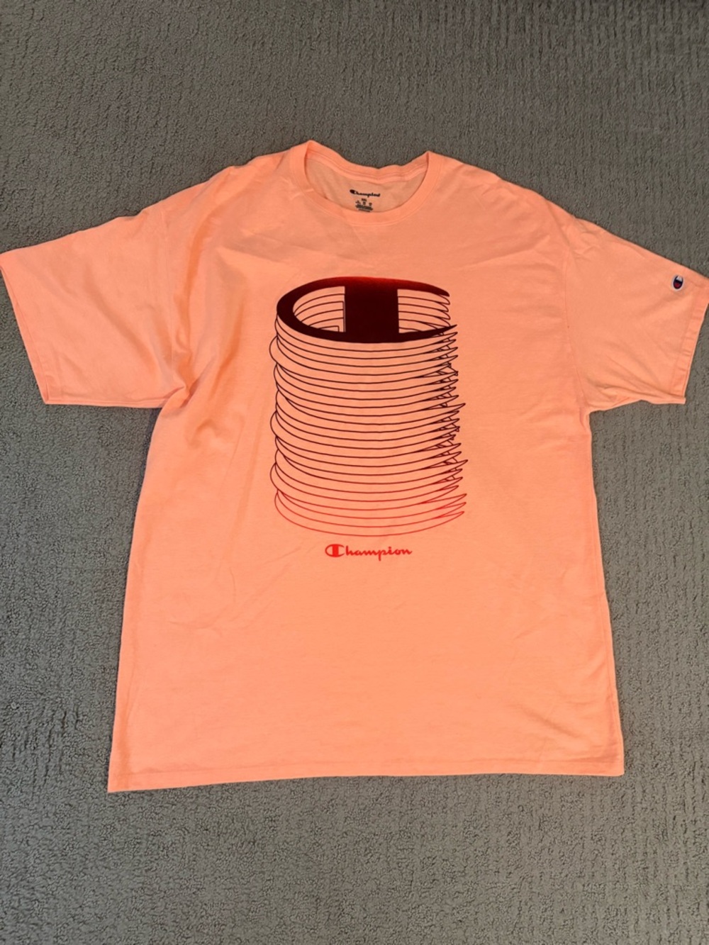 Champion Graphic Tee Peach Orange Logo Shirt Men’s Streetwear.